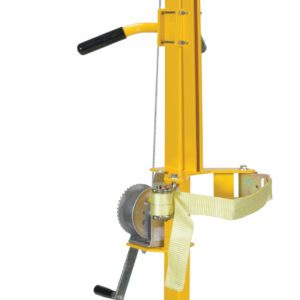 The Vestil Portable Cylinder Lifter-Hard Rubber is a yellow hand truck with a vertical frame, two black handles, and a lifting mechanism featuring a strap and winch. Its durable hard rubber wheels support its sturdy base, while the tall arm makes transporting heavy objects effortless.