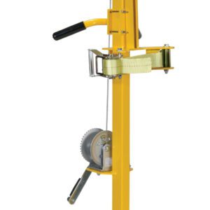 The Vestil Portable Cylinder Lifter-Pneumatic Tires comes in a yellow frame with pneumatic tires, a manual crank handle, and an adjustable strap. Its two-wheel design ensures mobility while the triangular base offers vertical stability.