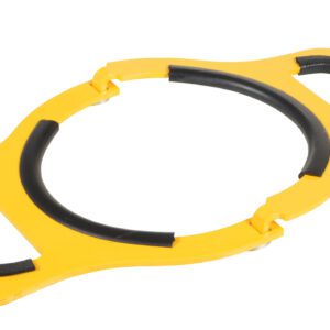 Introducing the Vestil Manual Cylinder Lifter 9 In Diameter, a yellow plastic carrier with black grips designed for easy lifting of round objects like buckets. Its sturdy handles ensure a secure grip for cylinders up to 9 inches in diameter.