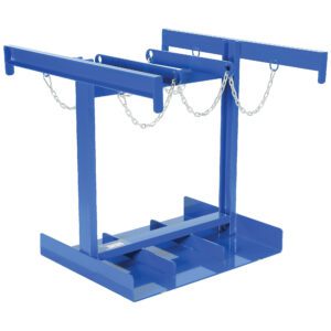 The Vestil Cylinder Pallet Rack 6 Cylinder Max features a rectangular base with vertical legs and two horizontal bars, ideal for holding up to six cylinders securely. Chains attach to the bars, ensuring drums are safely secured in this robust design.