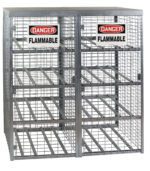 The Vestil Horizontal Cylinder Storage-Galv 29X58 is a sturdy metal mesh cage with six shelves and two Danger Flammable signs, perfect for safely storing flammable materials.