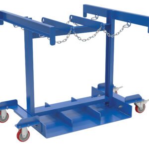 The blue metal Vestil Cylinder Caddy Truck 6 Cylinder/Casters features a thoughtfully sectioned rectangular base, two side bars, and strong metal chains to securely transport up to six cylinders on its four red casters.