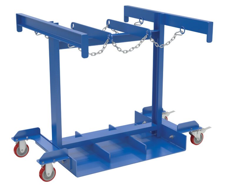 The blue metal Vestil Cylinder Caddy Truck 6 Cylinder/Casters features a thoughtfully sectioned rectangular base, two side bars, and strong metal chains to securely transport up to six cylinders on its four red casters.
