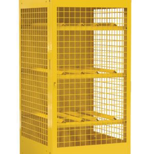 The yellow Vestil Vertical Cylinder Cabinet-5-10 Kd storage cage, featuring three shelves and a grid design, ensures safety with its sturdy build. Its top front panel warns FLAMMABLE NO SMOKING in red, promoting safety and ventilation even when empty.