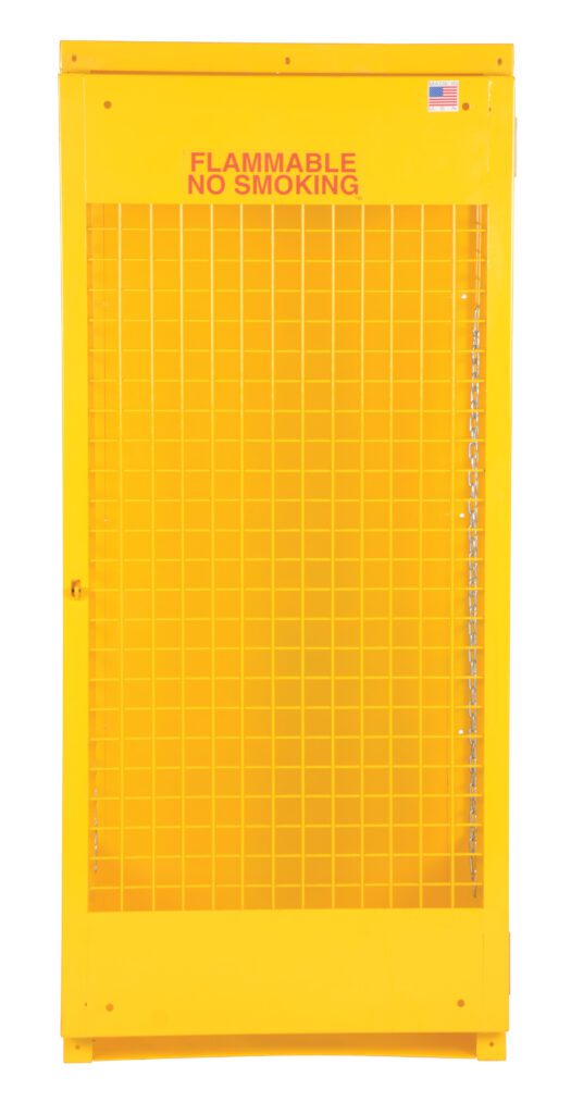 CYL-V-510_A.jpg The Vestil Vertical Cylinder Cabinet-5-10 is a tall, bright yellow unit with a mesh front and FLAMMABLE NO SMOKING in red at the top. An American flag sticker in the upper right corner enhances its appearance, making it perfect for storing flammable materials securely.