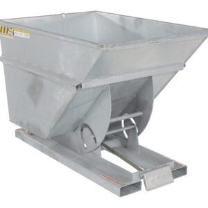 The Vestil Self-Dump Hopper Hd 1 Cu Yd 6K Galvanize features an industrial metal design with a large rectangular opening for material handling, a sturdy flat base, and an efficient tilting mechanism for easy emptying.