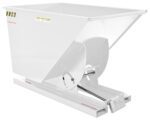 The Vestil Self-Dump Hopper Hd 1 Cu Yd 6K White is a durable, spacious metal container with a rectangular opening and sloped design, ideal for industrial applications. It sits on a strong base with a pivot for easy dumping and has caution labels on the side.
