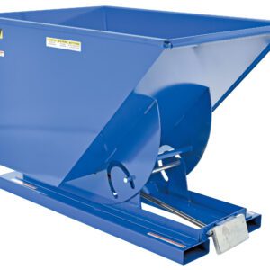 The Vestil Self-Dump Hopper HD 1 Cu Yd 6K Blue is an industrial steel hopper, rectangular with a sloped base, mounted on a sturdy frame with a bottom release mechanism and side warning labels.