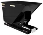 The Vestil Self-Dump Hopper Ld 1 Cu Yd 2K Blk Semi/Gloss features a robust industrial steel design with a semi-gloss black finish, rectangular top, sloped sides, secure base, pedal tilting for efficient material handling, and visible safety labels.