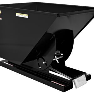 The Vestil Self-Dump Hopper Ld 1 Cu Yd 2K Blk Semi/Gloss features a robust industrial steel design with a semi-gloss black finish, rectangular top, sloped sides, secure base, pedal tilting for efficient material handling, and visible safety labels.
