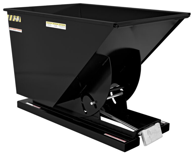 The Vestil Self-Dump Hopper Ld 1 Cu Yd 2K Blk Semi/Gloss features a robust industrial steel design with a semi-gloss black finish, rectangular top, sloped sides, secure base, pedal tilting for efficient material handling, and visible safety labels.
