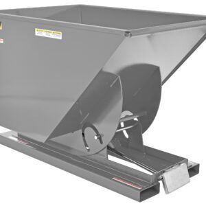 The Vestil Self-Dump Hopper LD, in machine gray, features a strong steel frame with a rectangular body and sloped front, designed for easy dumping of up to 1 cubic yard and handling materials up to 2K pounds. It includes decals and safety labels on its sturdy base.