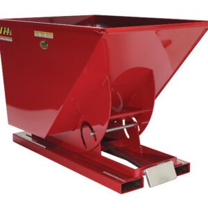 The Vestil Self-Dump Hopper LD in vibrant red features a 1 Cu Yd capacity and a 2K weight limit, made from industrial steel with a sloped front, rectangular base, and slanted opening. Its ideal for forklift use in efficient material handling.