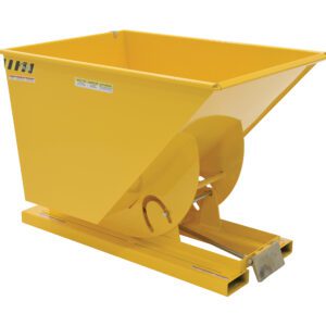 The durable Vestil Self-Dump Hopper LD 1 Cu Yd 2K Yellow, featuring warning labels, slanted front, and a handle on a flat base, is designed for easy material transport or dumping, ensuring industrial efficiency.