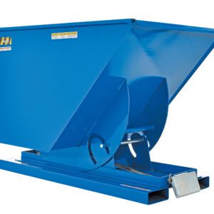 The Vestil Self-Dump Hopper Ld 1 Cu Yd 2K Blue is designed for efficient bulk material handling and disposal, featuring a sloped design, durable steel construction, a sturdy base, and safety markings.