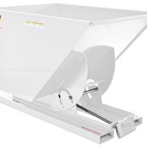 The Vestil Self-Dump Hopper, model 1 Cu Yd 4K Lb, is a white industrial steel hopper with a square body and angled sides. It supports up to 4,000 lb and features a tilting mechanism on its base. The clean surface highlights labels and safety instructions prominently.