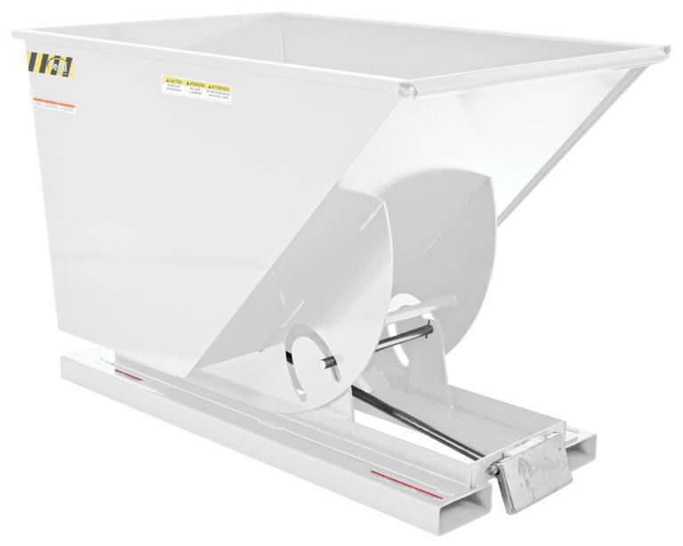The Vestil Self-Dump Hopper, model 1 Cu Yd 4K Lb, is a white industrial steel hopper with a square body and angled sides. It supports up to 4,000 lb and features a tilting mechanism on its base. The clean surface highlights labels and safety instructions prominently.