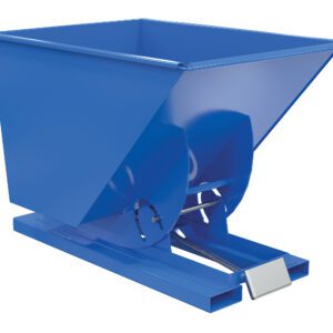 The Vestil Self-Dump Hopper Md 1 Cu Yd 4K Blue is a robust industrial hopper with a sturdy base, sloped front for easy discharge, and pedal tilt mechanism, designed for heavy-duty use.