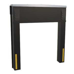 The image shows a Vestil Dock Seal/Shelter Combo for an 8X10 door, featuring black vertical side pads, a horizontal header pad with a sloped top, and yellow stripes on the bottom of each side pad to enhance loading area visibility and safety.