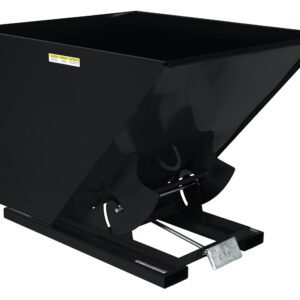 The Vestil Self-Dump Hopper HD, with a 2 Cu Yd capacity and 6K weight limit, is available in black semi-gloss. Made of industrial-grade steel, it has a rectangular top, slanted front, and bottom hinge for easy tipping.