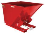The Vestil Self-Dump Hopper HD 2 Cu Yd 6K Red is a durable red steel hopper with a rectangular design and sloped sides, ideal for industrial use. It features an efficient tilt mechanism and clear safety markings for secure operation.