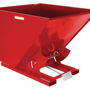 The Vestil Self-Dump Hopper HD 2 Cu Yd 6K Red is a durable red steel hopper with a rectangular design and sloped sides, ideal for industrial use. It features an efficient tilt mechanism and clear safety markings for secure operation.