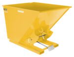 The Vestil Self-Dump Hopper Hd 2 Cu Yd 6K Yellow features a rectangular base, tapered sides, and a bottom lever for efficient bulk material handling. Its heavy-duty design supports up to 6,000 lbs and has a smooth glossy finish.