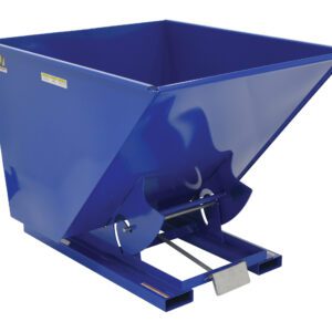 The Vestil Self-Dump Hopper Hd 2 Cu Yd 6K Blue is a metal hopper with a rectangular base, wide open top, sloped front for easy dumping, and two cylindrical handles for tilting, ideal for seamless industrial material handling.