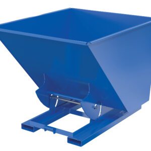 The Vestil Hopper W/O Bump & Dump Ld 2 Cu 2K Blue features a sleek industrial design with a rectangular top, forklift compatibility, and pivoting base for easy dumping, enhancing workspace efficiency and style with its smooth finish.