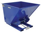 The Vestil Self-Dump Hopper LD 2 Cu Yd 2K Blue features a rectangular base and wide top opening, with a lever mechanism for efficient dumping. Its shiny blue metal surface beautifully reflects light.