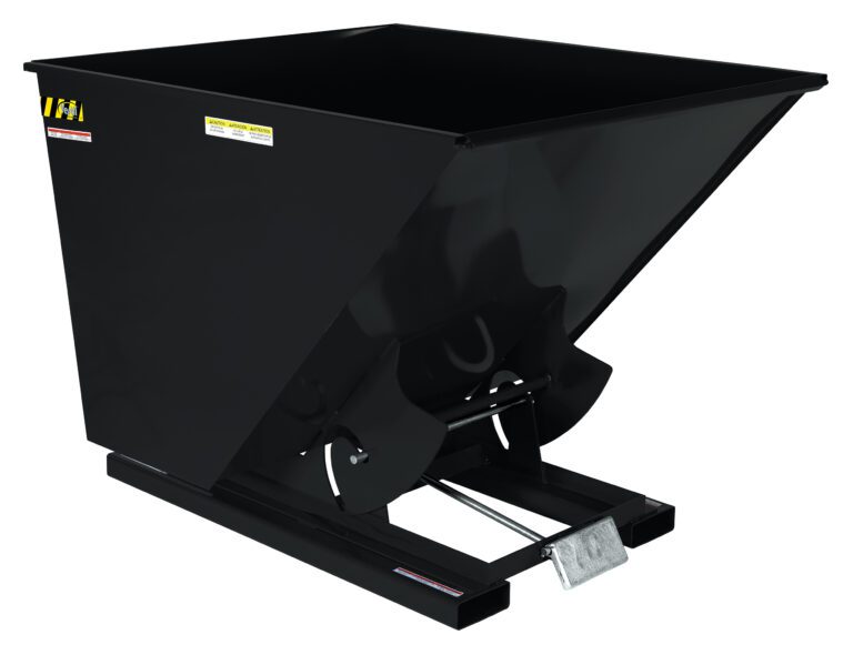The Vestil Self-Dump Hopper is a 2 Cu Yd, 4K capacity black industrial steel container with a rectangular top and tapered base. It features a sturdy frame and lever mechanism for efficient tipping.