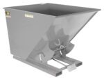The Vestil Self-Dump Hopper, model 2 Cu Yd 4K, in machine gray, features a smooth surface with angled sides and warning labels. It sits on a tilting frame suitable for easy dumping, resembling an industrial unit with a 2-cubic-yard capacity.
