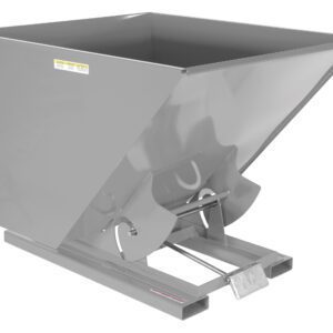 The Vestil Self-Dump Hopper, model 2 Cu Yd 4K, in machine gray, features a smooth surface with angled sides and warning labels. It sits on a tilting frame suitable for easy dumping, resembling an industrial unit with a 2-cubic-yard capacity.