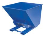 The Vestil Hopper W/O Bump & Dump Md 2 Cu 4K Blue is an industrial solution with a rectangular base, tapered sides for storing and dispensing bulk materials, and a pallet-style frame for stability and easy transport.
