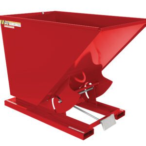 The Vestil Self-Dump Hopper Md 2 Cu Yd 4K Red is a red industrial hopper with a square top opening and sloped front for easy discharge, ideal for handling bulk materials in warehouses or construction sites thanks to its sturdy metal base.