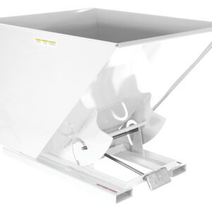 The Vestil Self-Dump Hopper Md 2 Cu Yd 4K White features a large rectangular open top, sloped sides, and a sturdy metal base with a pivoting mechanism for efficient tipping, ideal for materials handling and waste management.