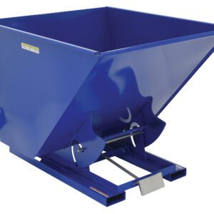 The blue Vestil Self-Dump Hopper Md 2 Cu Yd 4K features a rectangular base, slanted sides, and front discharge panel. Designed for bulk material transport, it sits on a sturdy pallet-like frame.