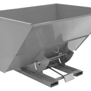 The Vestil Self-Dump Hopper HD 3 Cu Yd 6K in machine gray features angled sides and a flat base for easy lifting and dumping, a foot-operated release mechanism, and safety labels. With a capacity of 3 cubic yards and a 6,000 lb weight limit, its practical and robust against a white background.