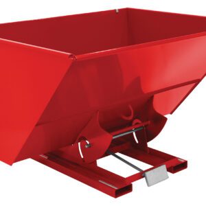 The bright red Vestil Self-Dump Hopper Hd 3 Cu Yd 6K is ideal for material handling, featuring a large rectangular container with sloped sides on a sturdy base for efficient storage and dumping of bulk materials.