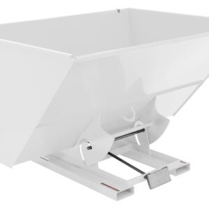 The Vestil Self-Dump Hopper Hd 3 Cu Yd 6K White is a rectangular industrial steel hopper with a wide opening, mounted for easy tipping, and features safety latches and a weighted bottom for stability.