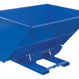 The Vestil Hopper W/O Bump & Dump Ld 3 Cu 2K Blue is a blue steel tipping skip bin with a rectangular base and sloping front sides, ideal for efficient waste handling. Its glossy surface stands out elegantly against a flat white background.