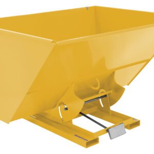 The Vestil Self-Dump Hopper Ld 3 Cu Yd 2K Yellow is a large industrial hopper ideal for material handling with its rectangular shape, angled sides, and tilting base mechanism for efficient unloading.