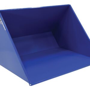 The Vestil Self-Dump Hopper LD 3 Cu Yd 2K Blue features a wide open-top, angled sides, and a flat bottom, ideal for transporting or collecting materials. Its smooth, glossy finish enhances its sturdy and functional design.