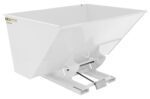 The Vestil Self-Dump Hopper Md 3 Cu Yd 4K White is a large metal hopper with a rectangular opening, sloped sides for efficient dispensing, and a reliable latch mechanism. It sits securely on a sturdy platform for optimal stability.