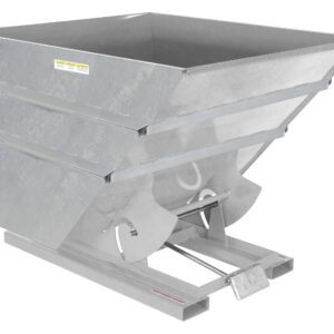 The Vestil Self-Dump Hopper Hd 3.5 Cu Yd 6K Galv is an industrial metal hopper with a sloped, open top and sturdy base frame for storing or transferring materials. It includes a secure locking mechanism and features a durable gray finish for longevity.