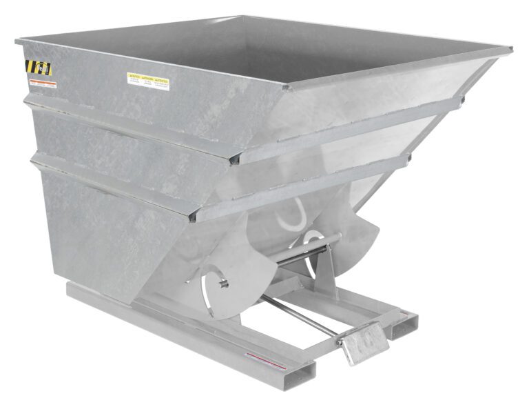 The Vestil Self-Dump Hopper Hd 4 Cu Yd 6K Galv is a heavy-duty gray metal hopper for forklift use, featuring reinforced sides and a bottom tipping mechanism, ensuring durability and efficient handling of industrial loads.
