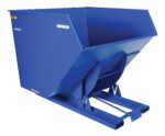 The Vestil Self-Dump Hopper Hd 4 Cu Yd 6K Blue, featuring a sloped rectangular design and forklift-compatible base, efficiently transports and dumps up to 4 cubic yards of bulk materials with a 6,000 lb capacity.
