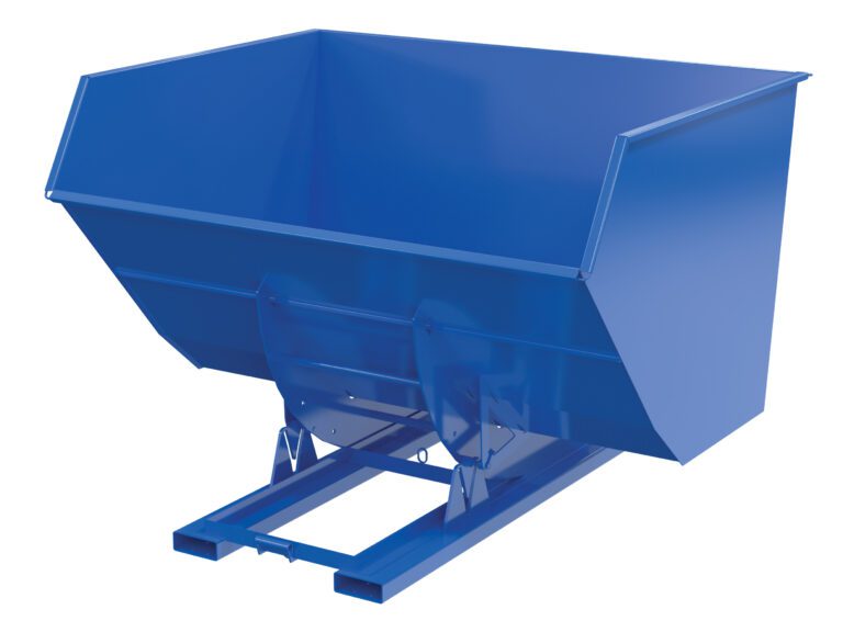The Vestil Hopper W/O Bump & Dump Hd 5Cu Yd 6K Blue is a sleek blue skip hopper with an open top and sloped sides for easy forklift attachment, ideal for transporting bulk materials. The empty hopper is displayed from a front-side angle.