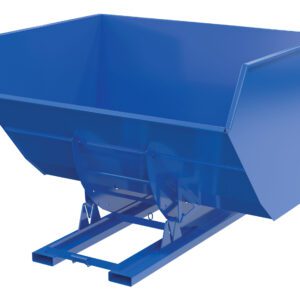 The Vestil Hopper W/O Bump & Dump Hd 5Cu Yd 6K Blue is a sleek blue skip hopper with an open top and sloped sides for easy forklift attachment, ideal for transporting bulk materials. The empty hopper is displayed from a front-side angle.