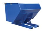 The Vestil Self-Dump Hopper HD 5 Cu Yd 6K Blue features sloped sides for efficient transport and dumping with reinforced edges, a flat base with forklift slots, and a convenient foot lever for tipping.